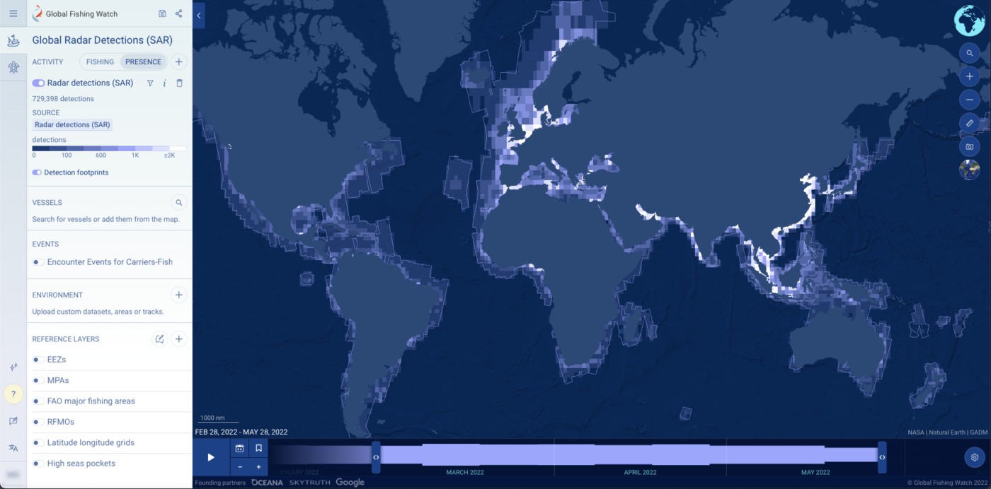 Global radar detections highlighted in lilac around the world, showing vessels that may not appear in other cooperative tracking systems.